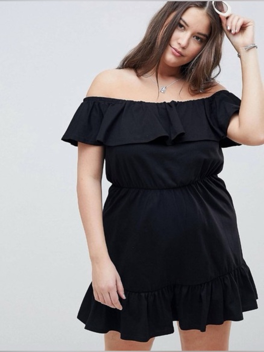 ASOS Curve Black Off-Shoulder Ruffle Mini Dress